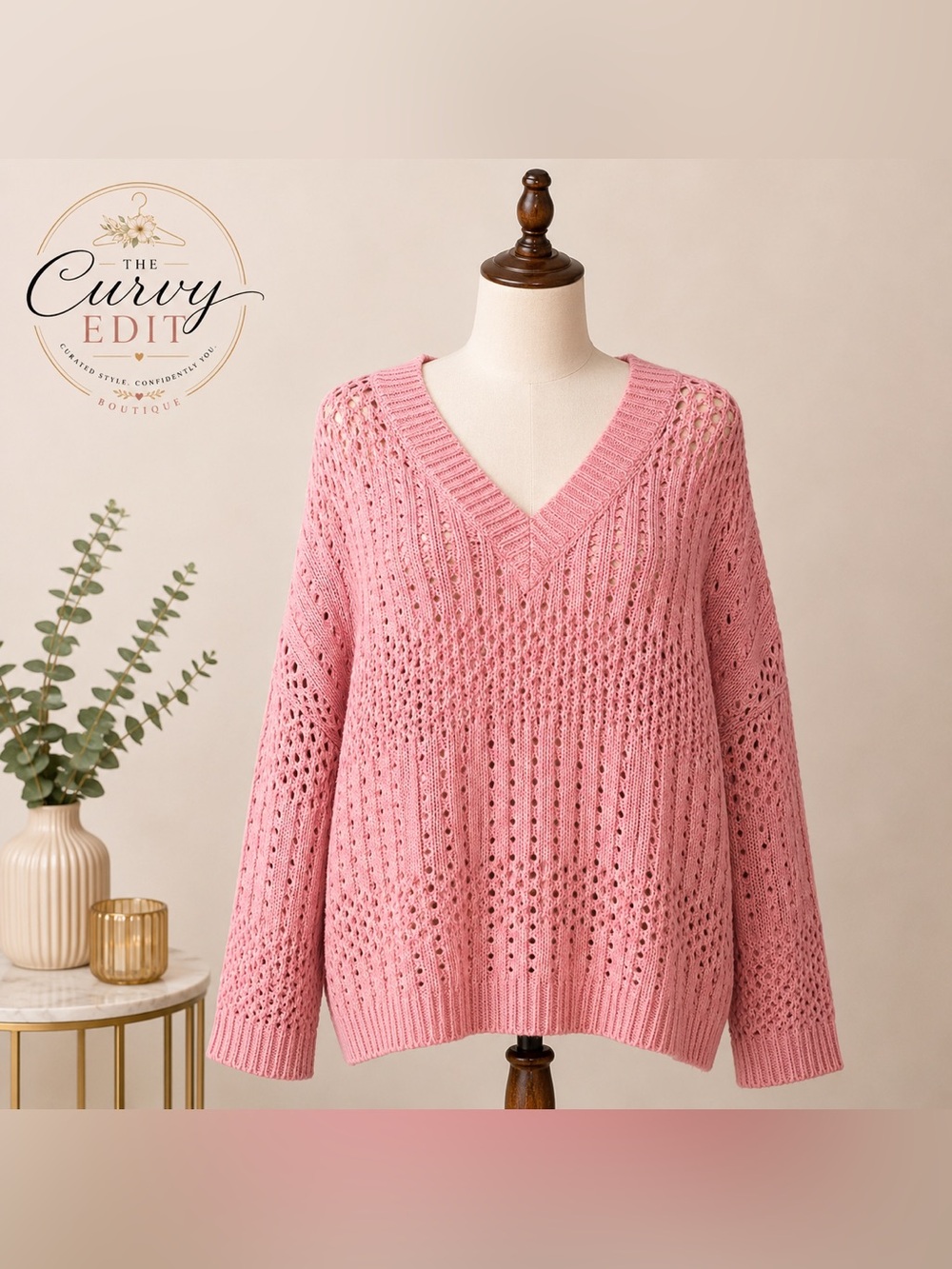 Girl With Curves 1X Pink Open Knit V-Neck Sweater Boho Oversized casual Chic